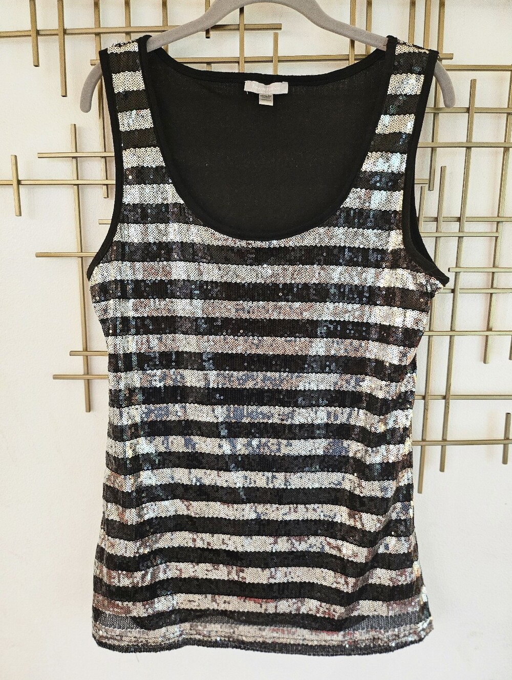 Sequin Stripe Tank Top - Black & Silver